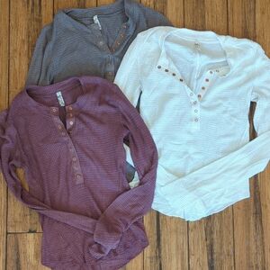 Free People Long Sleeve Henley Tops - Cream, Purple, Gray